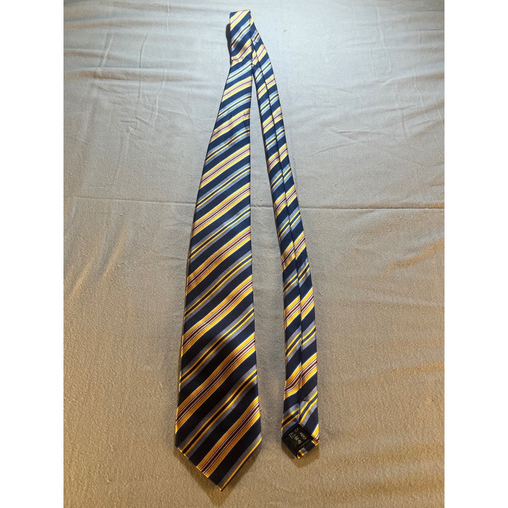 Creazioni Tucci Firenze Mens Silk Tie Italy Navy Blue Gold Yellow Striped 60in